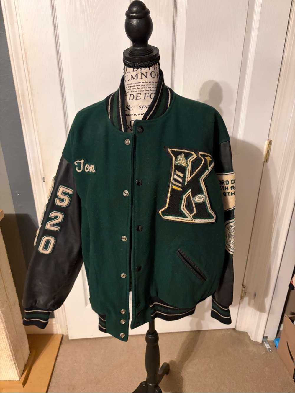 Dark Green & Black Varsity Letterman Jacket with Contrast Sleeves